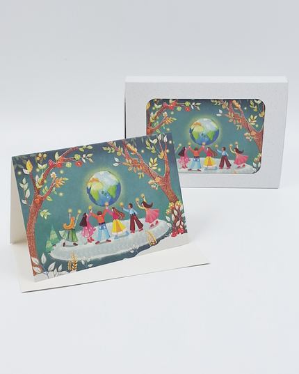Kerstkaarten doosje 10x wereldbol en kinderen (F13117)