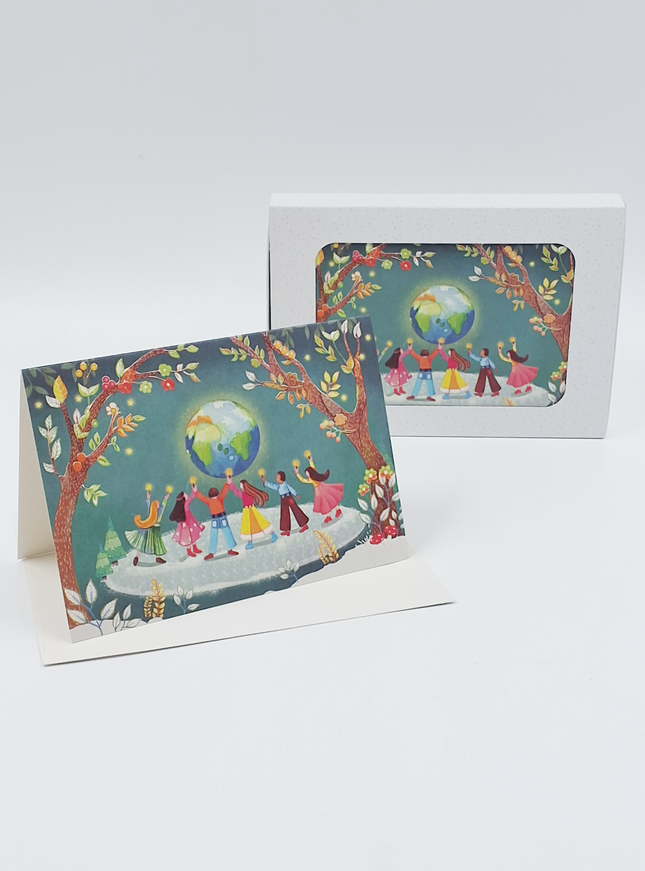 Kerstkaarten doosje 10x wereldbol en kinderen (F13117)