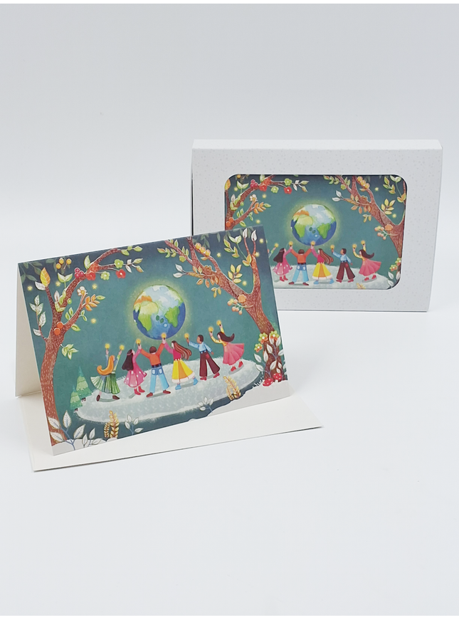 Kerstkaarten doosje 10x wereldbol en kinderen (F13117)