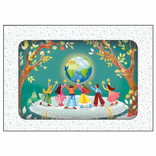 Kerstkaarten doosje 10x wereldbol en kinderen (F13117)