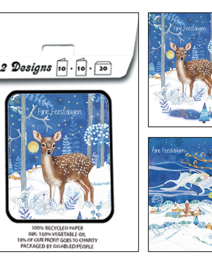 Kerstkaarten tasje 20x hertje fijne feestdagen (F13118 + F13119)