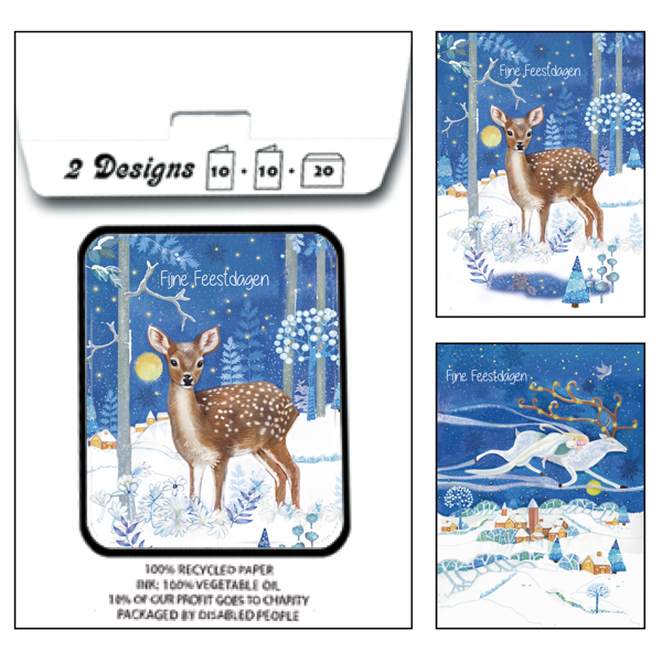 Kerstkaarten tasje 20x hertje fijne feestdagen (F13118 + F13119)