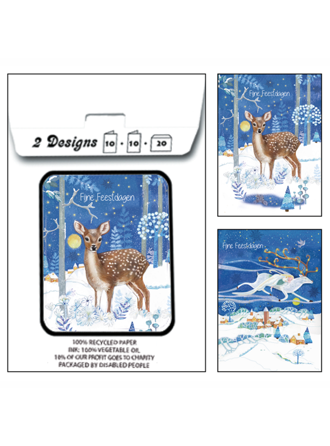 Kerstkaarten tasje 20x hertje fijne feestdagen (F13118 + F13119)